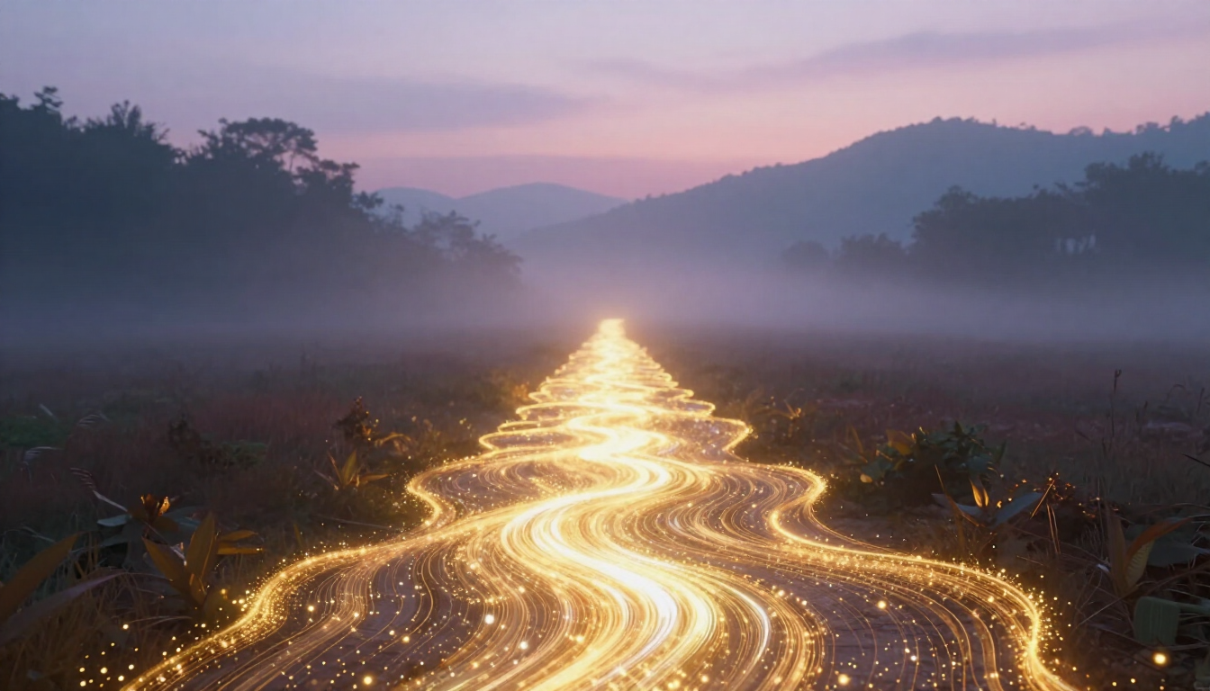 Glowing golden river or road winding through a misty valley at dawn, framed by dark hills and trees