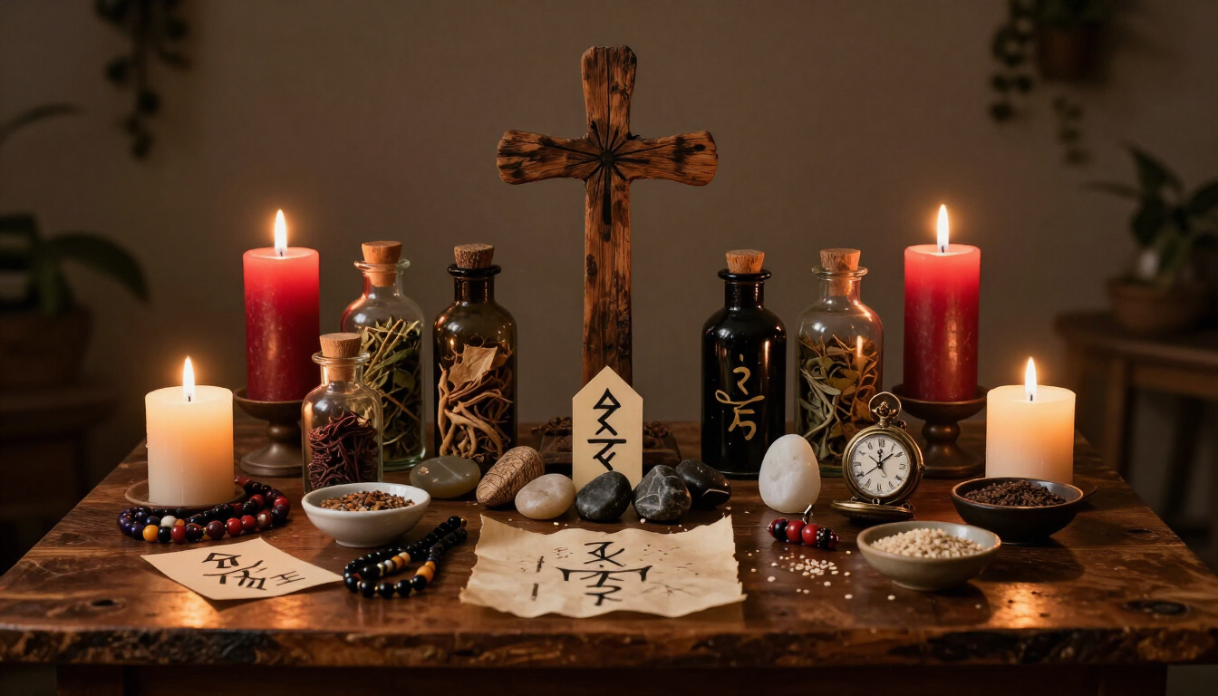 A dark altar with candles, a wooden cross, bottles, herbs, and ritual items on a rustic table.