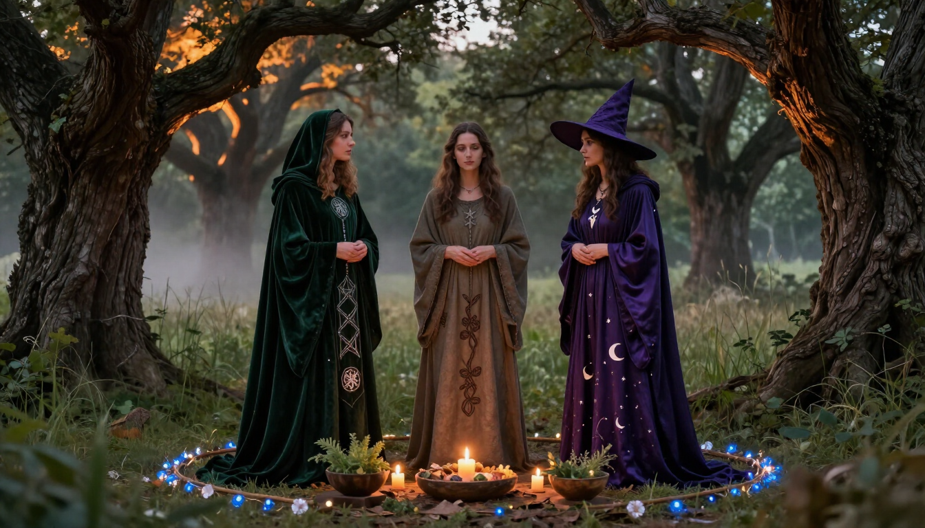Three robed figures in a moonlit forest stand around candles in a ritual circle