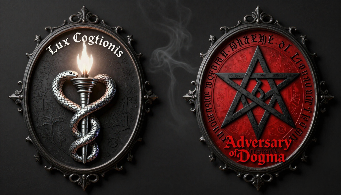 An atmospheric esoteric desk with symbolic artifacts representing Luciferian and Satanic traditions.