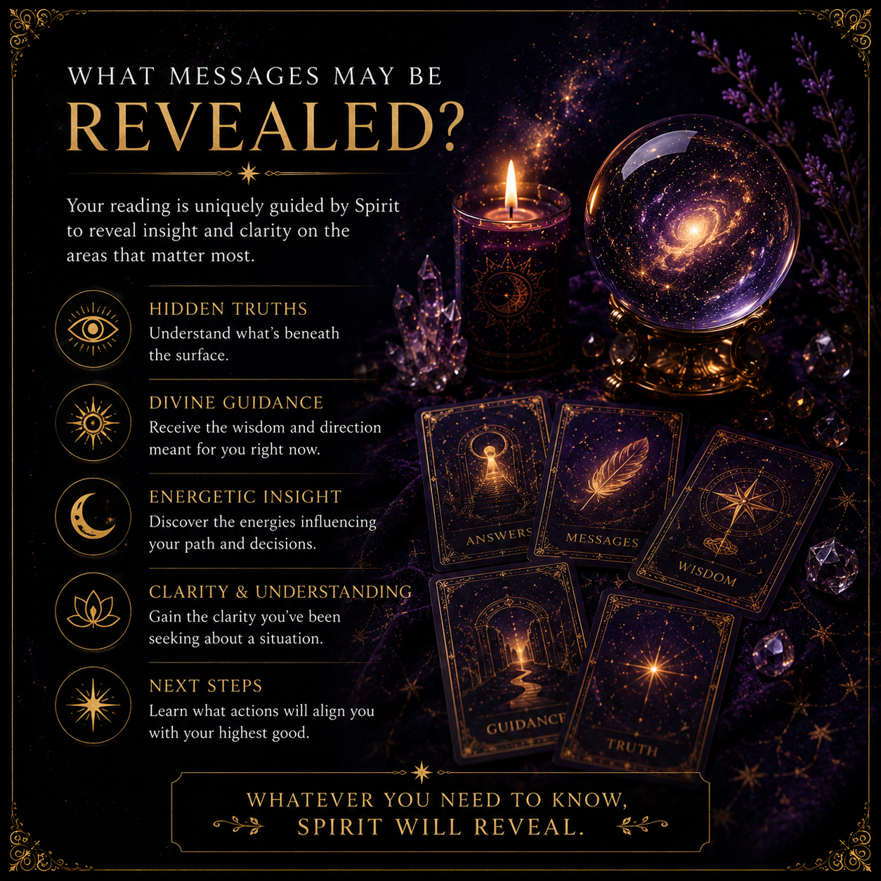 Spiritual insight oracle reading promo with glowing tarot cards, crystals, and gold text on a dark purple background