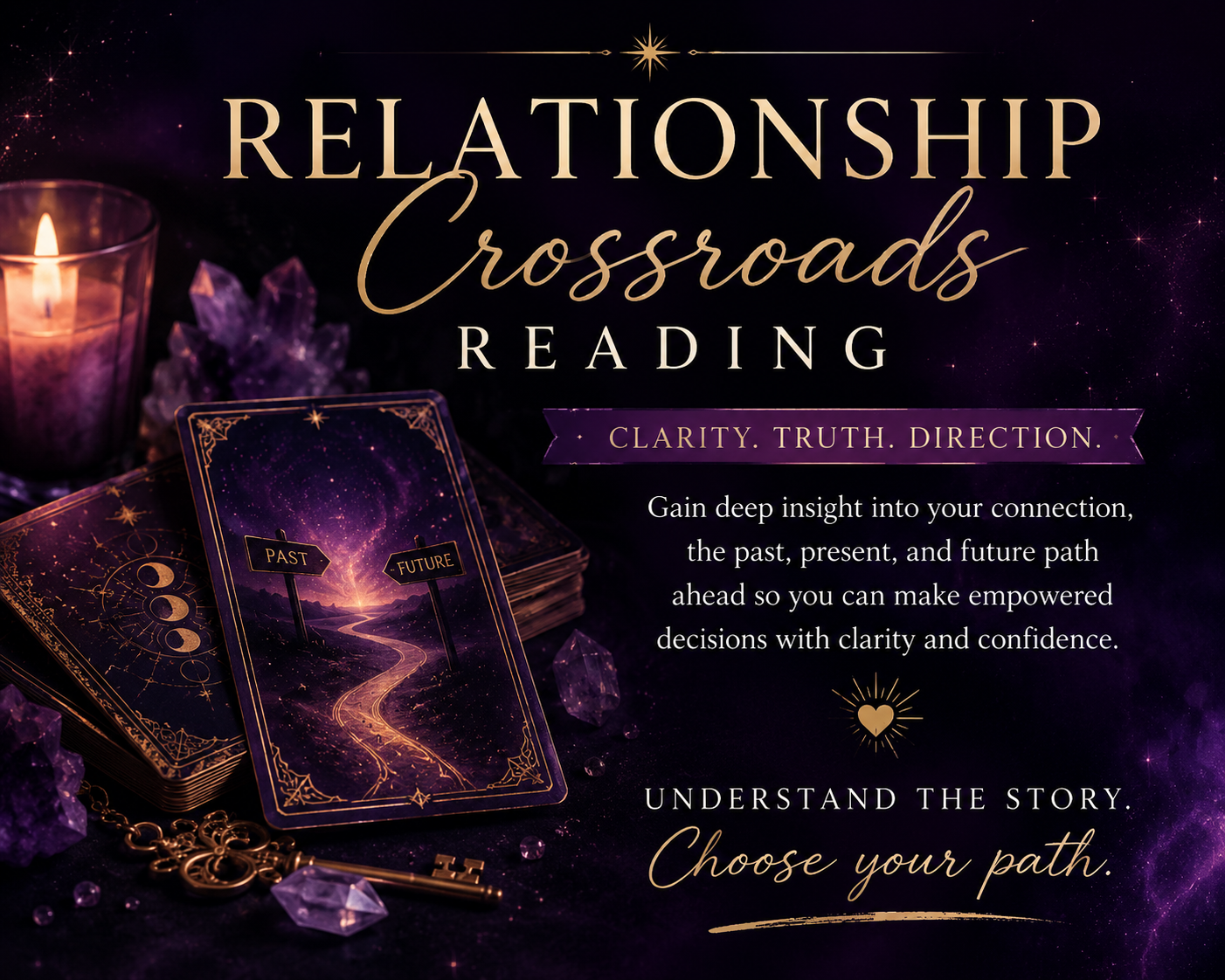 Tarot cards and candlelit crystals with “Relationship Crossroads Reading” text on a dark purple background