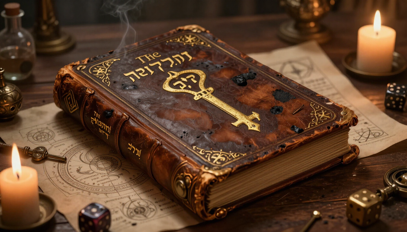 Antique leather spellbook with ornate gold key on a candlelit desk, surrounded by old papers and candles