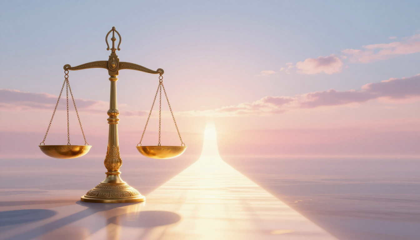 Golden justice scales on a glowing path at sunrise, symbolizing fairness and balance