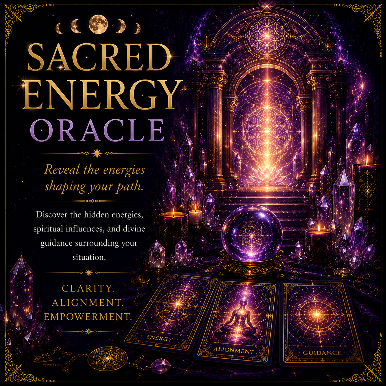 Sacred Energy Oracle poster in gold and purple with a glowing mystical doorway and crystals.