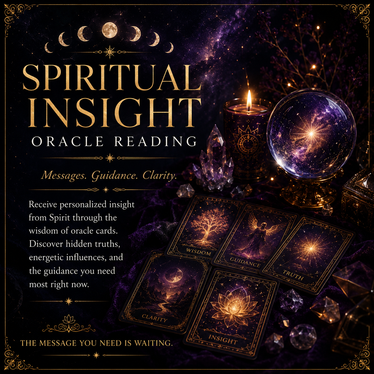 Spiritual insight oracle reading promo with glowing tarot cards, crystals, and gold text on a dark purple background