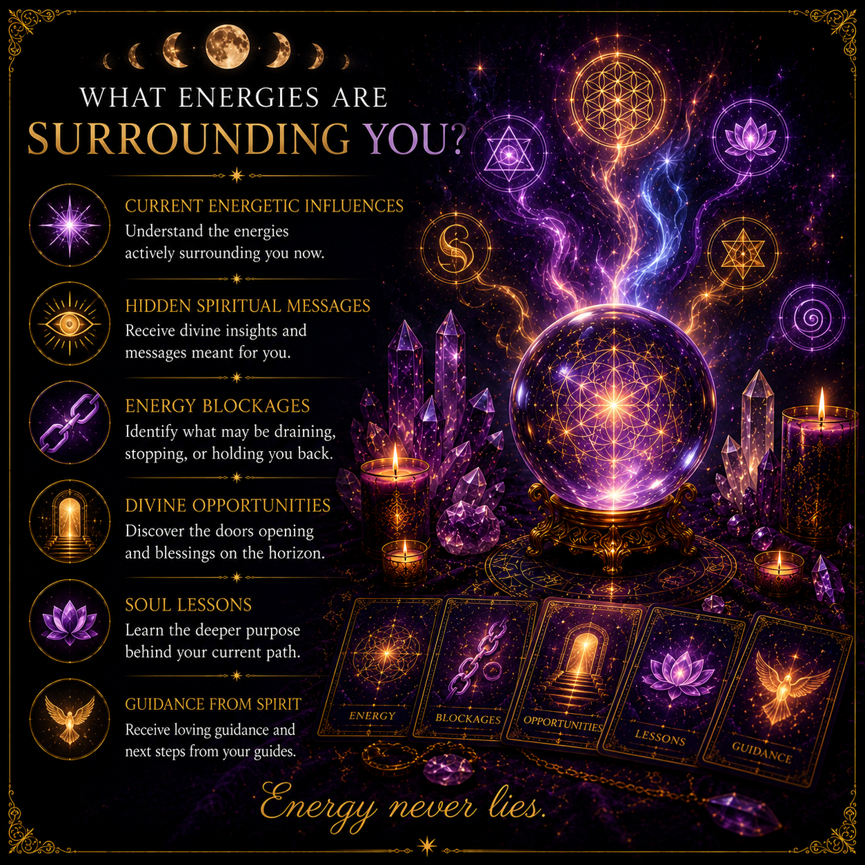 Sacred Energy Oracle poster in gold and purple with a glowing mystical doorway and crystals.