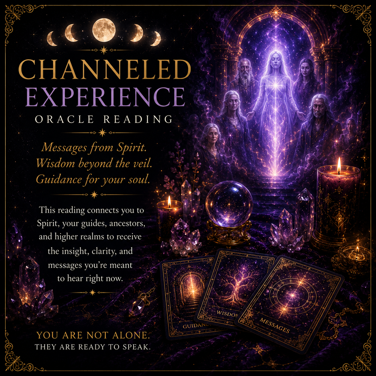 Mystical purple oracle reading poster with glowing stars, moon phases, and a robed figure under a cosmic portal.