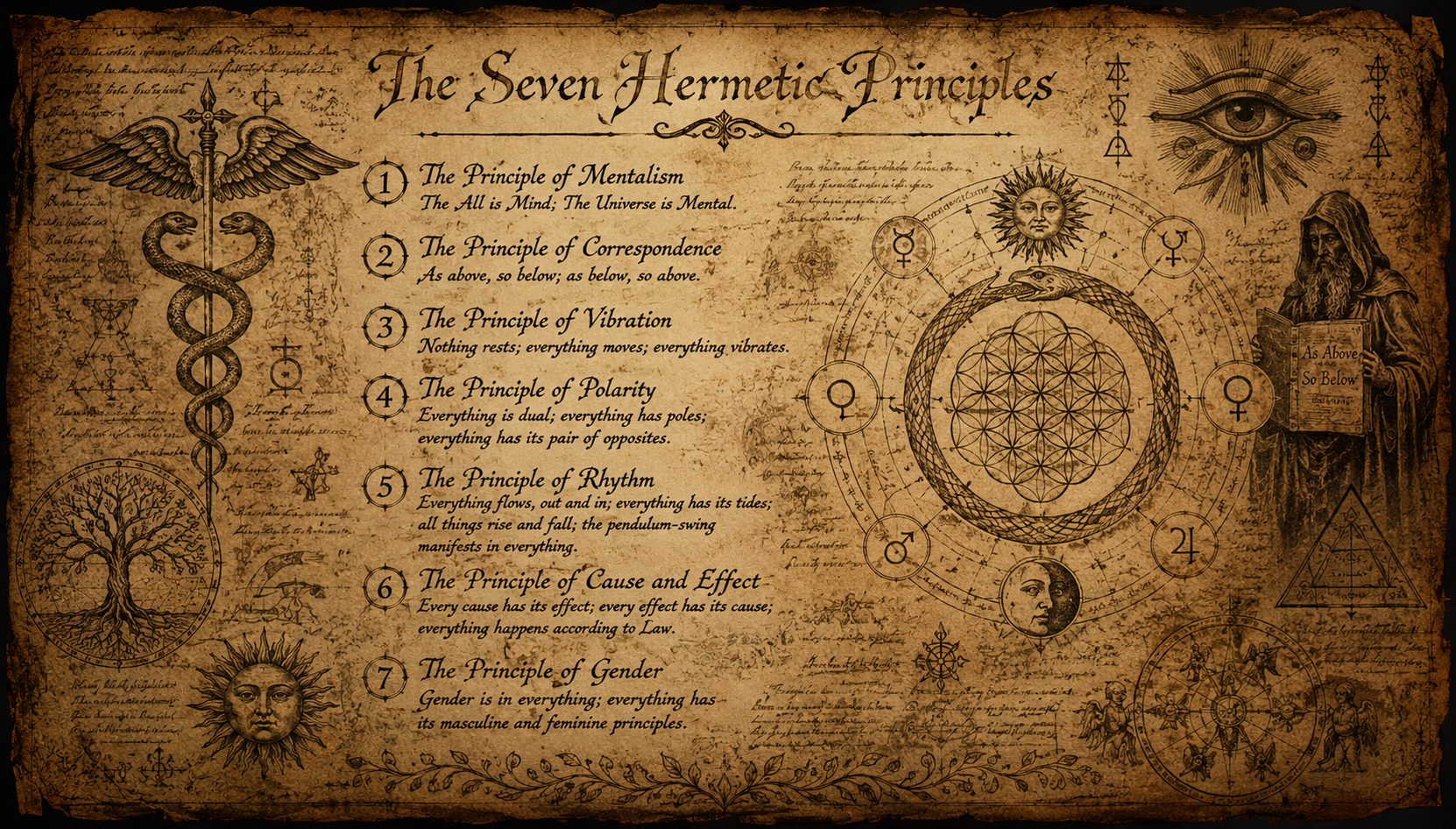Sepia-toned medieval-style manuscript page with ornate borders, symbols, and a central title section