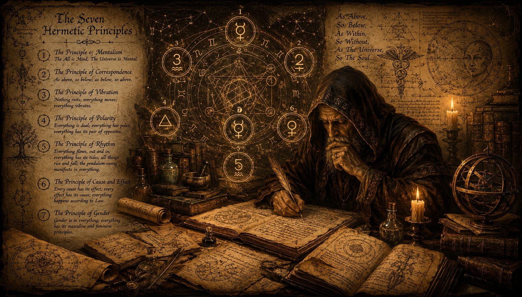 Dim sepia scene of a hooded scribe writing by candlelight at a cluttered desk with old papers and books