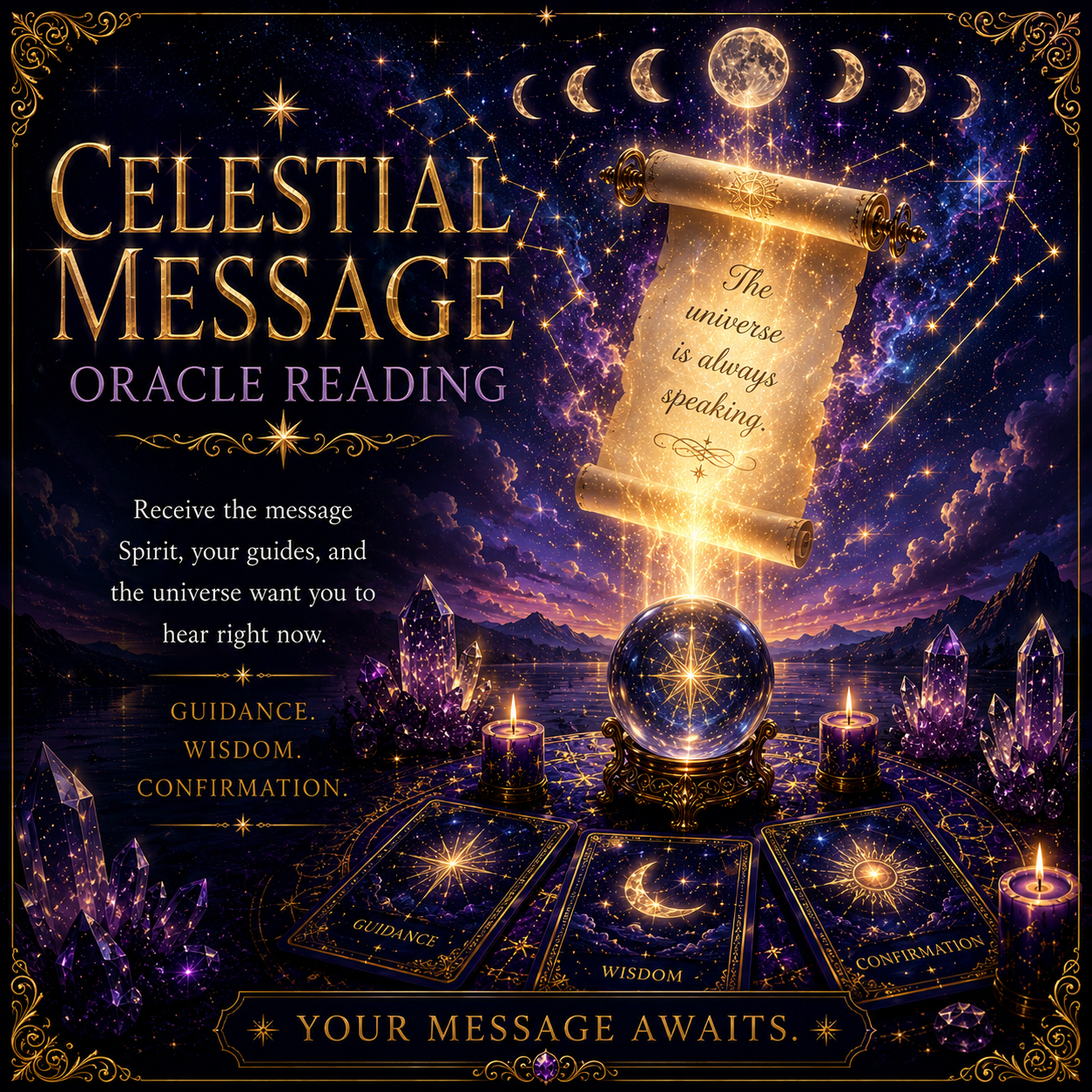 Celestial-themed oracle reading poster with glowing purple stars, a crystal ball, and a golden message scroll