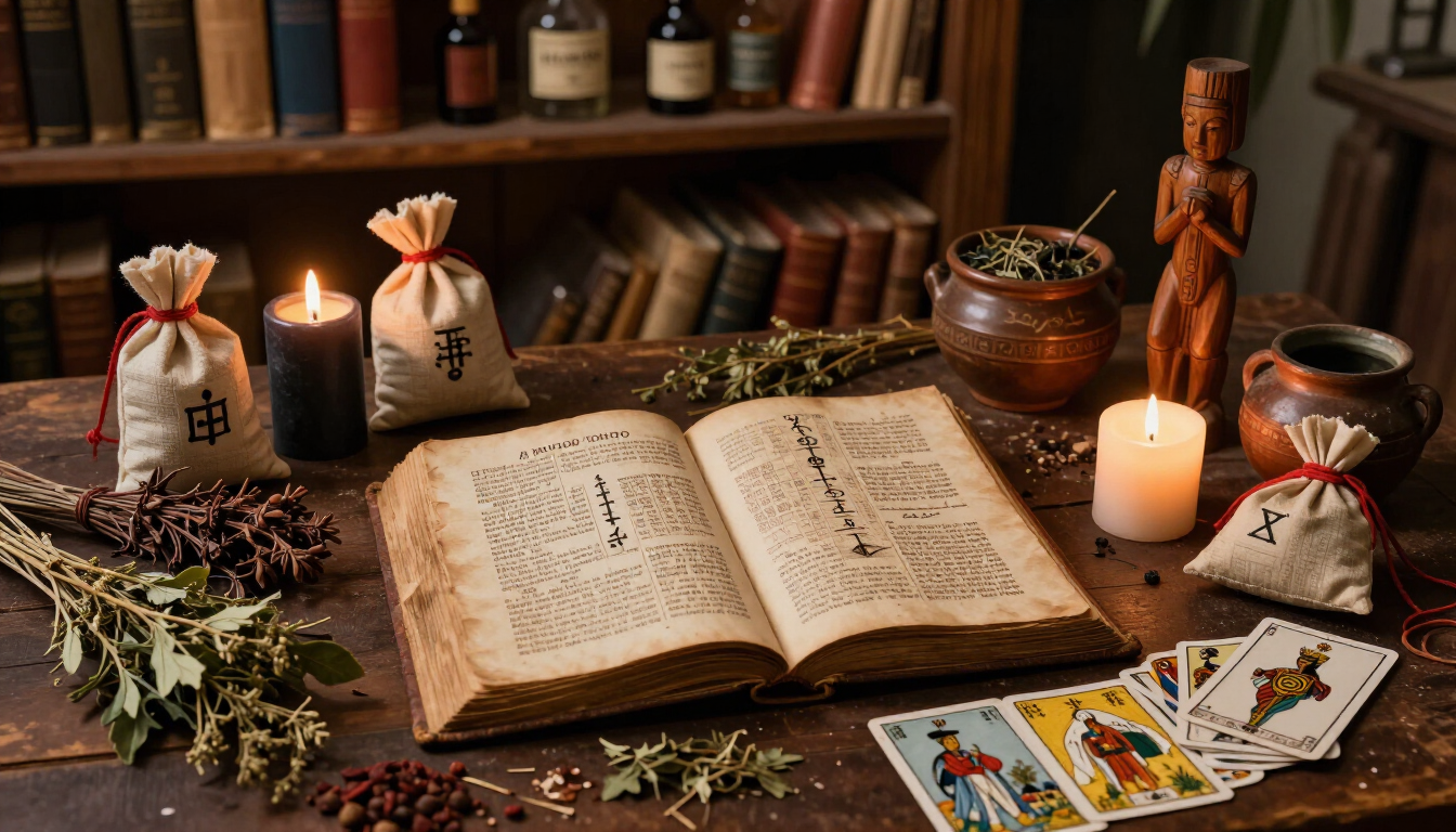 Candlelit table with open book, herbs, potion jars, and tarot cards in a rustic apothecary setting