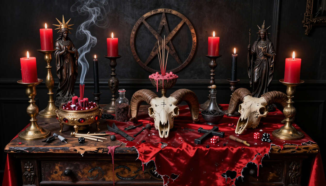 Dark occult altar with candles, skulls, red cloth, and a pentagram symbol