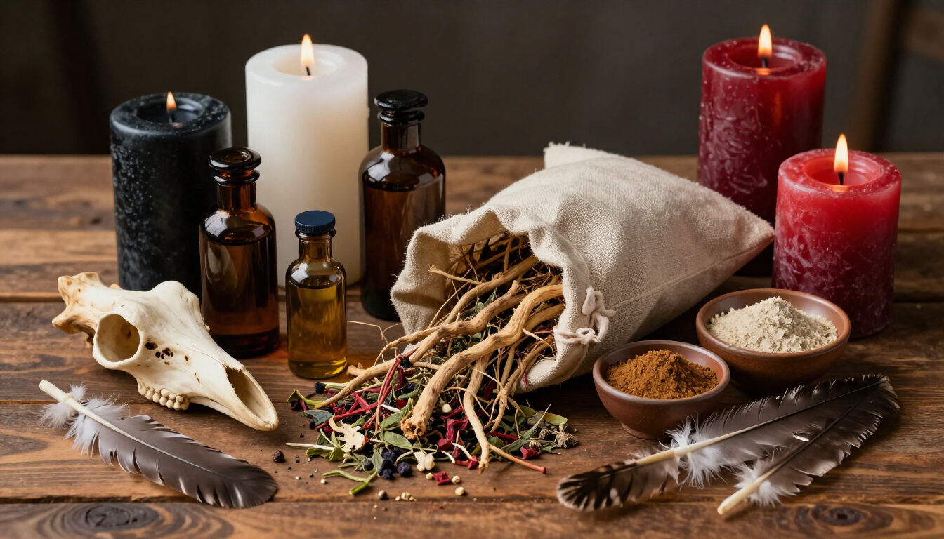 Candles, herbs, crystals, feathers, and skulls arranged on a rustic wooden altar