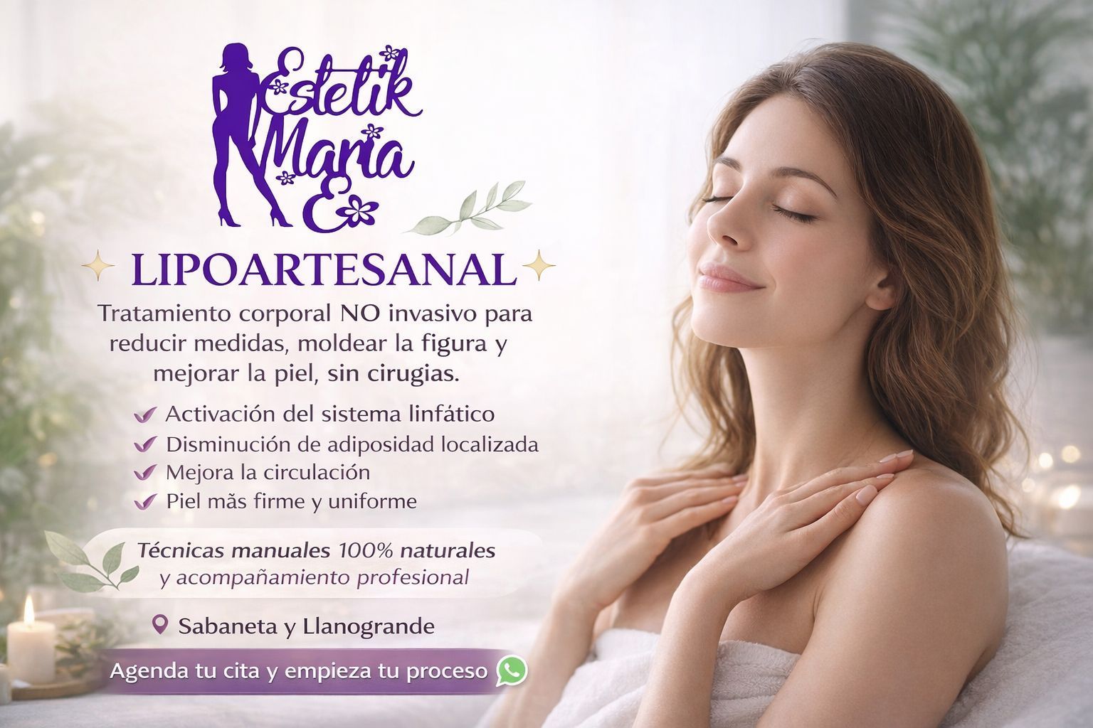 Banner promocional de Liporetsanal con una mujer tocándose el cuello sobre un fondo rosa suave.