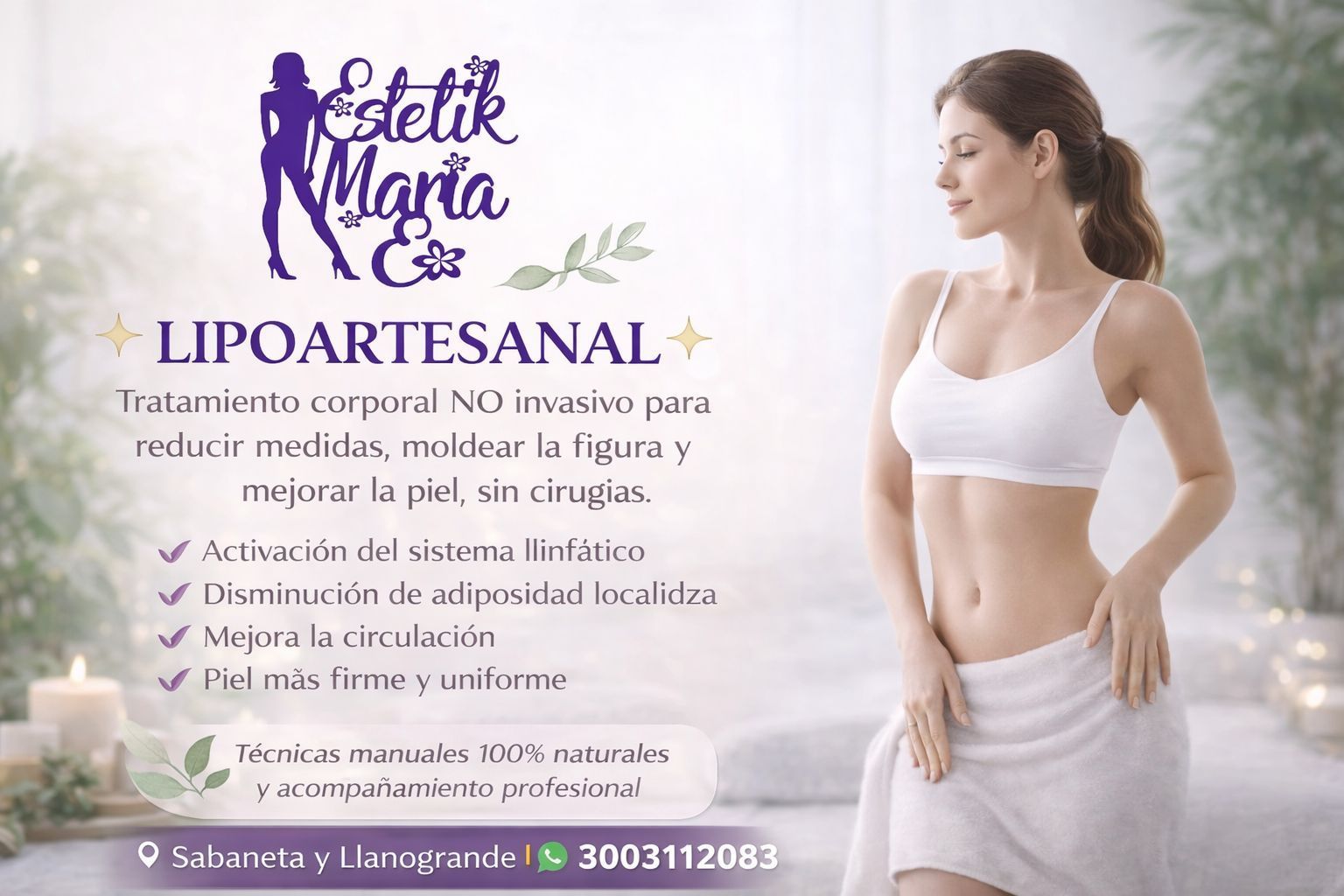 Anuncio de lipotransinodal: tratamiento corporal para reducir grasa localizada y mejorar firmeza, con mujer en blanco.