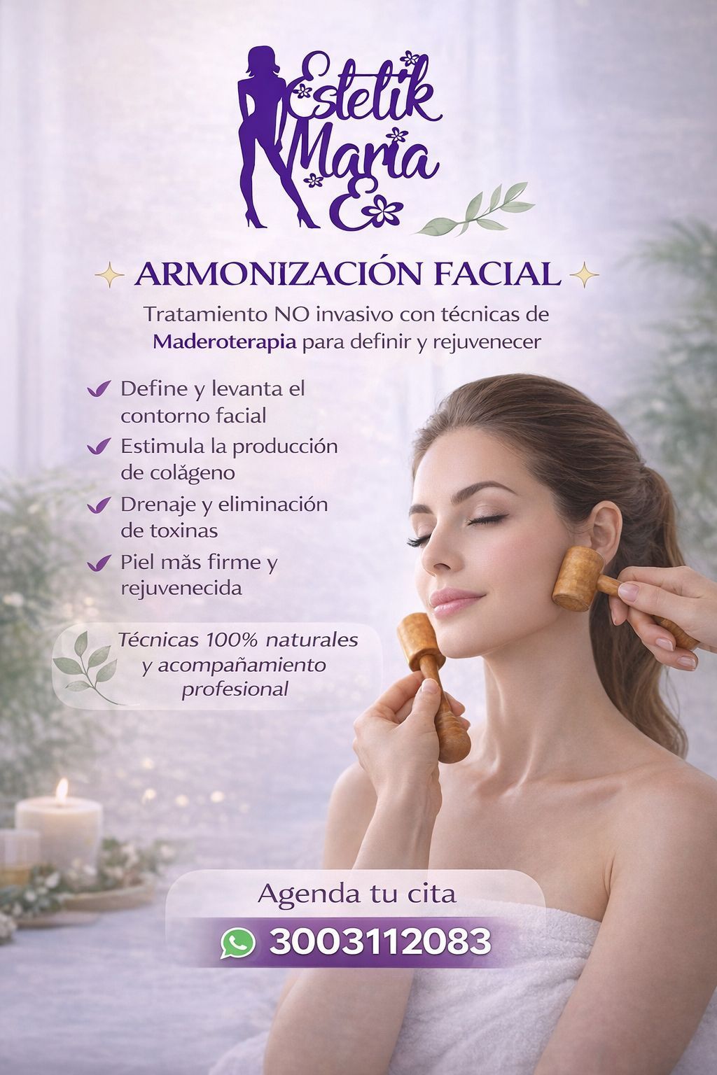 Cartel promocional de rejuvenecimiento facial, que muestra a una mujer con una mascarilla facial y un aplicador dorado