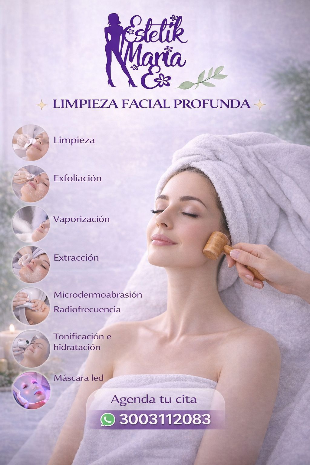 Folleto de spa sobre limpieza facial, con una mujer recibiendo un tratamiento con cepillo y número de WhatsApp para reservas.