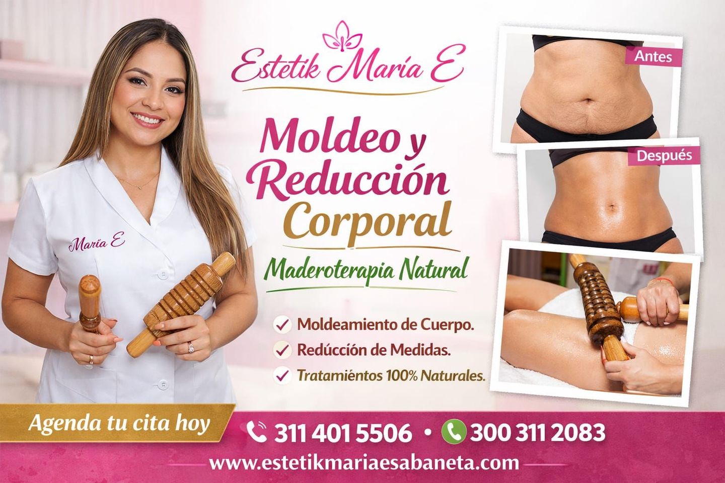 Anuncio de spa médico para masajes de contorno corporal, con fotos de abdomen antes y después