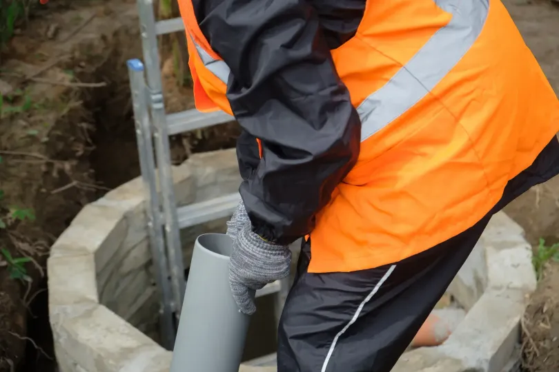 Worker in orange safety vest installing a gray pipe into a circular concrete structure outdoors
