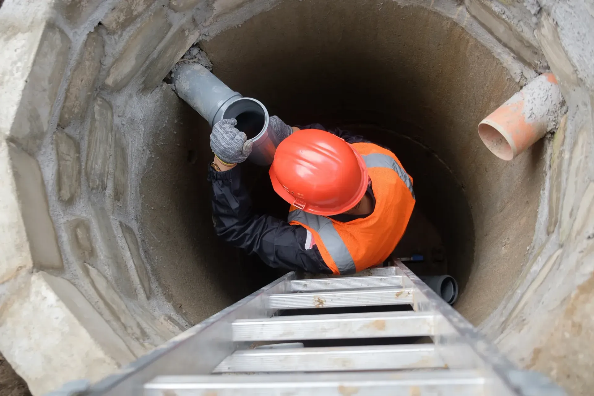 Worker in orange safety vest and hard hat descending a ladder into a concrete manhole