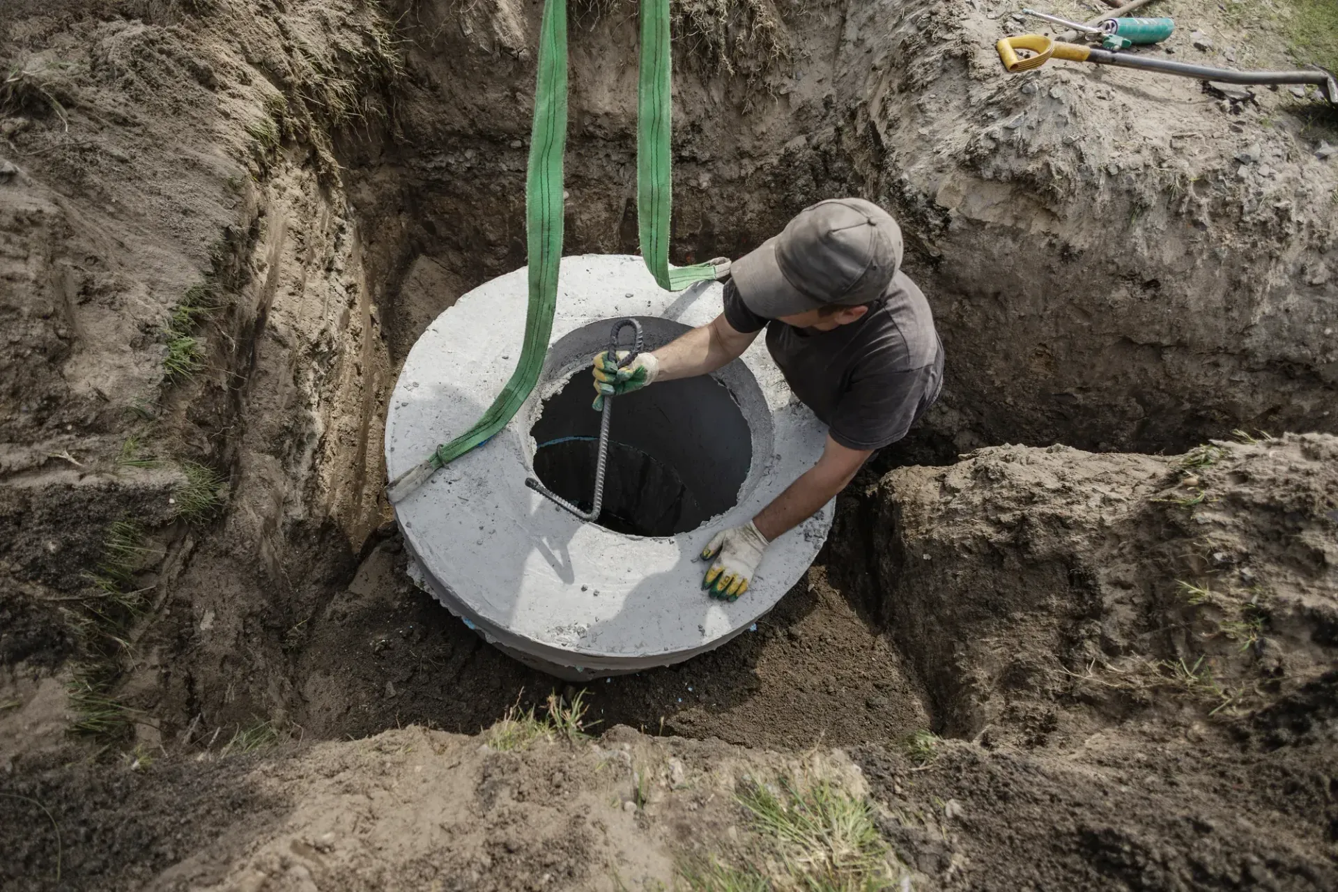Worker installing a concrete manhole ring in a dirt excavation with green straps overhead