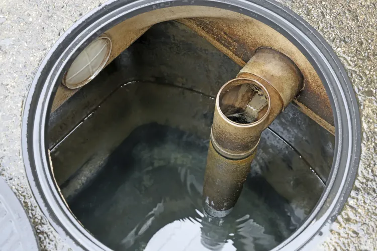 Inside a circular tank, a vertical pipe and float valve sit in cloudy water.