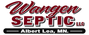 Wangen Septic LLC logo in red and white with Albert Lea, MN beneath a black line