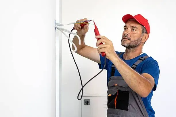 Electrician wiring a wall outlet, holding pliers and a red tester in a white room.