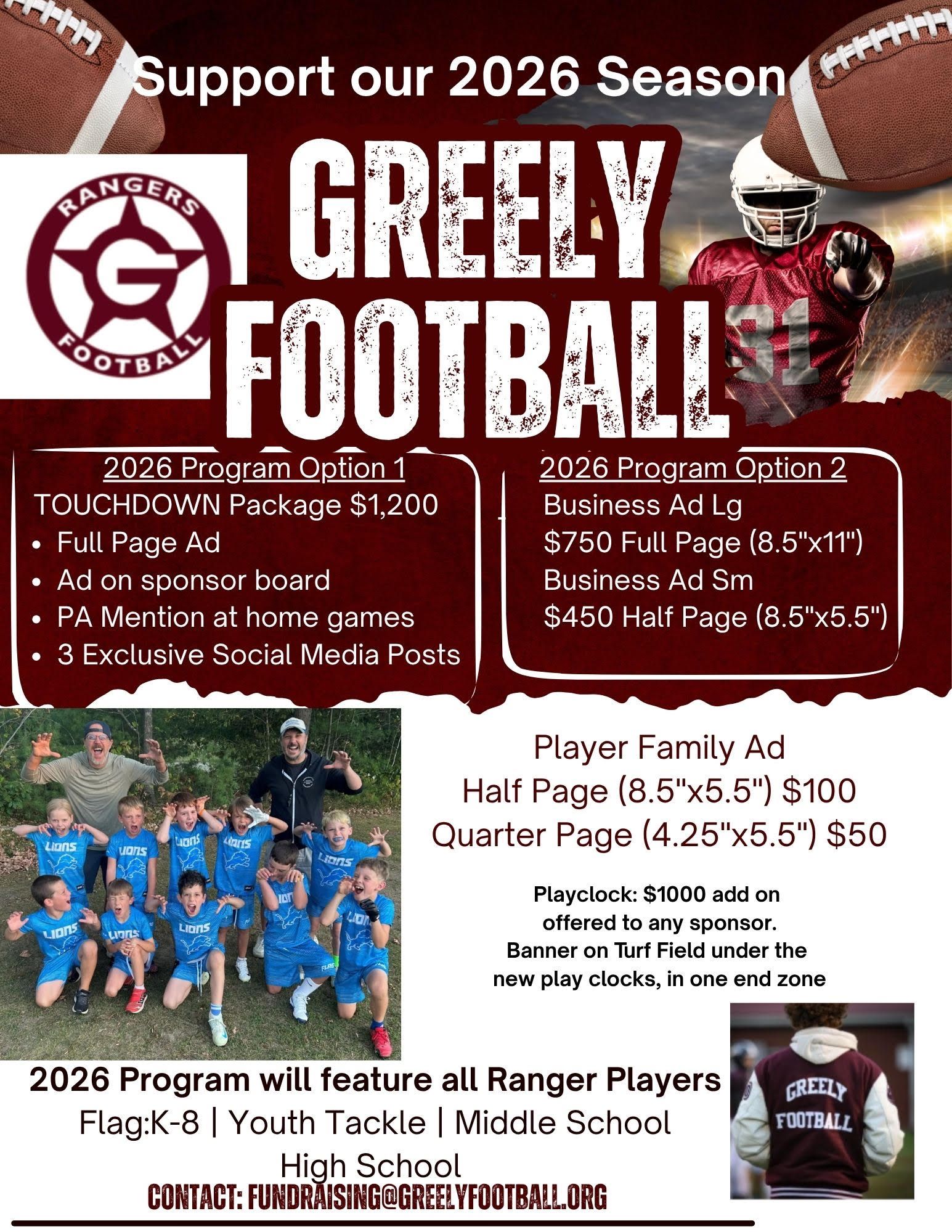Greely Football 2026 Program Ads Fundraiser Flyer