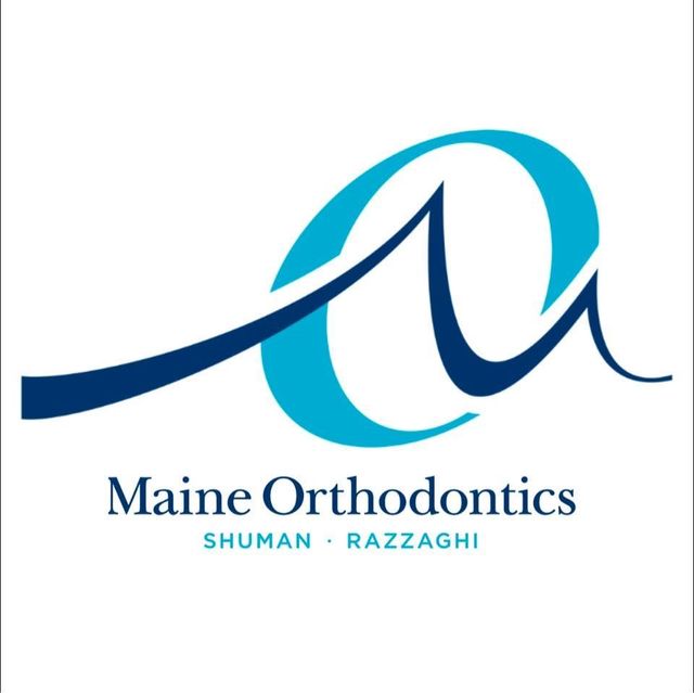 Maine Orthodontics logo in blue and teal with stylized “a” and the names Shuman and Razzaghi