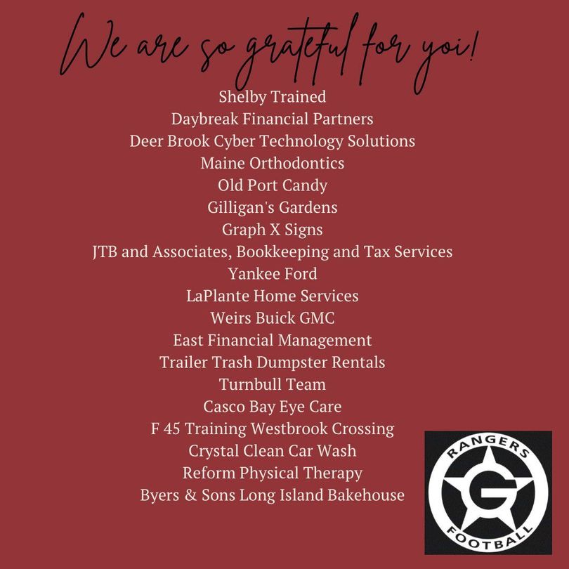 Maroon thank-you poster listing local business sponsors and a white circular logo at bottom right