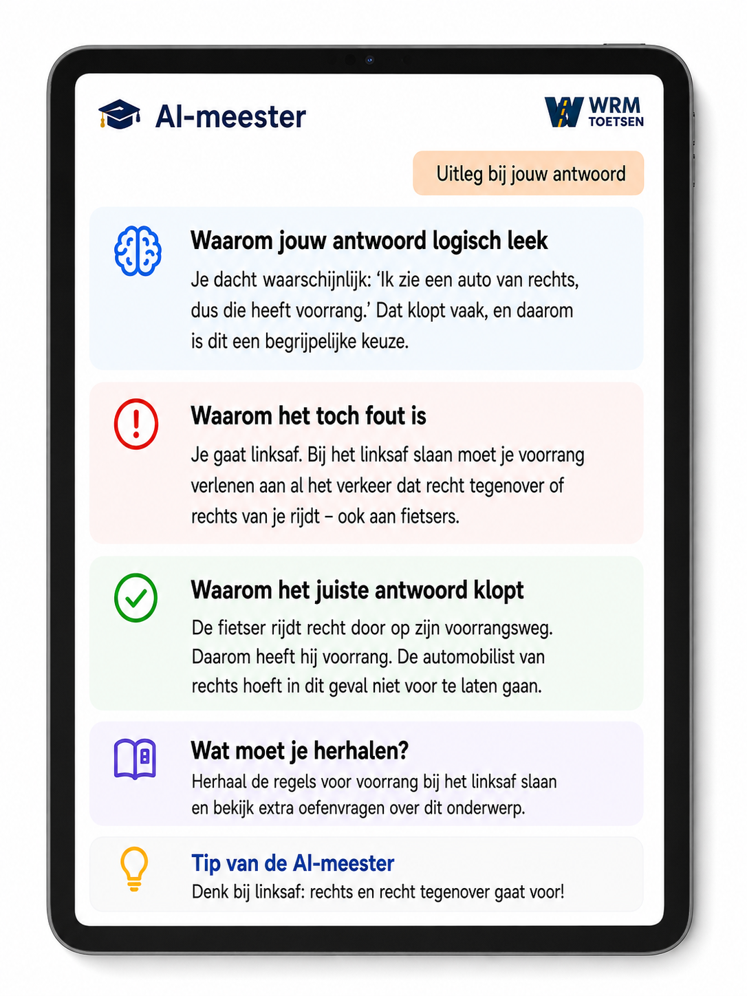 Voorbeeld van persoonlijke uitleg door de WRM AI-meester bij een fout beantwoorde vraag op tablet