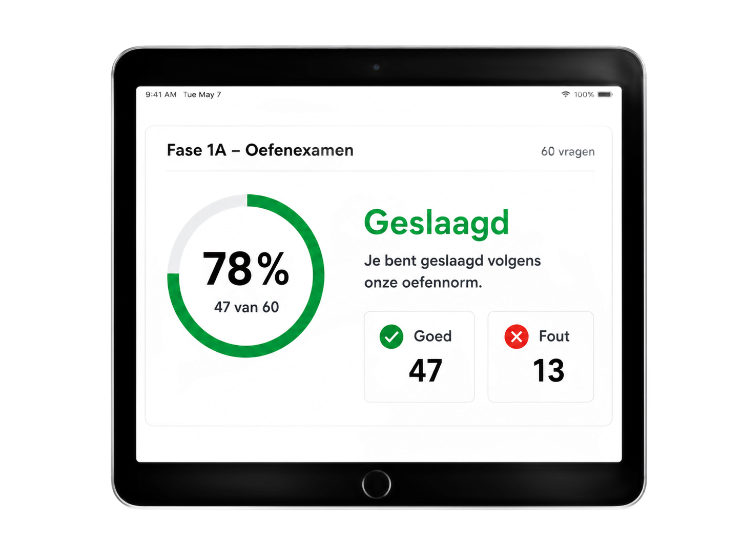 Resultaat van een WRM Fase 1A-oefenexamen op tablet met score, goede en foute antwoorden