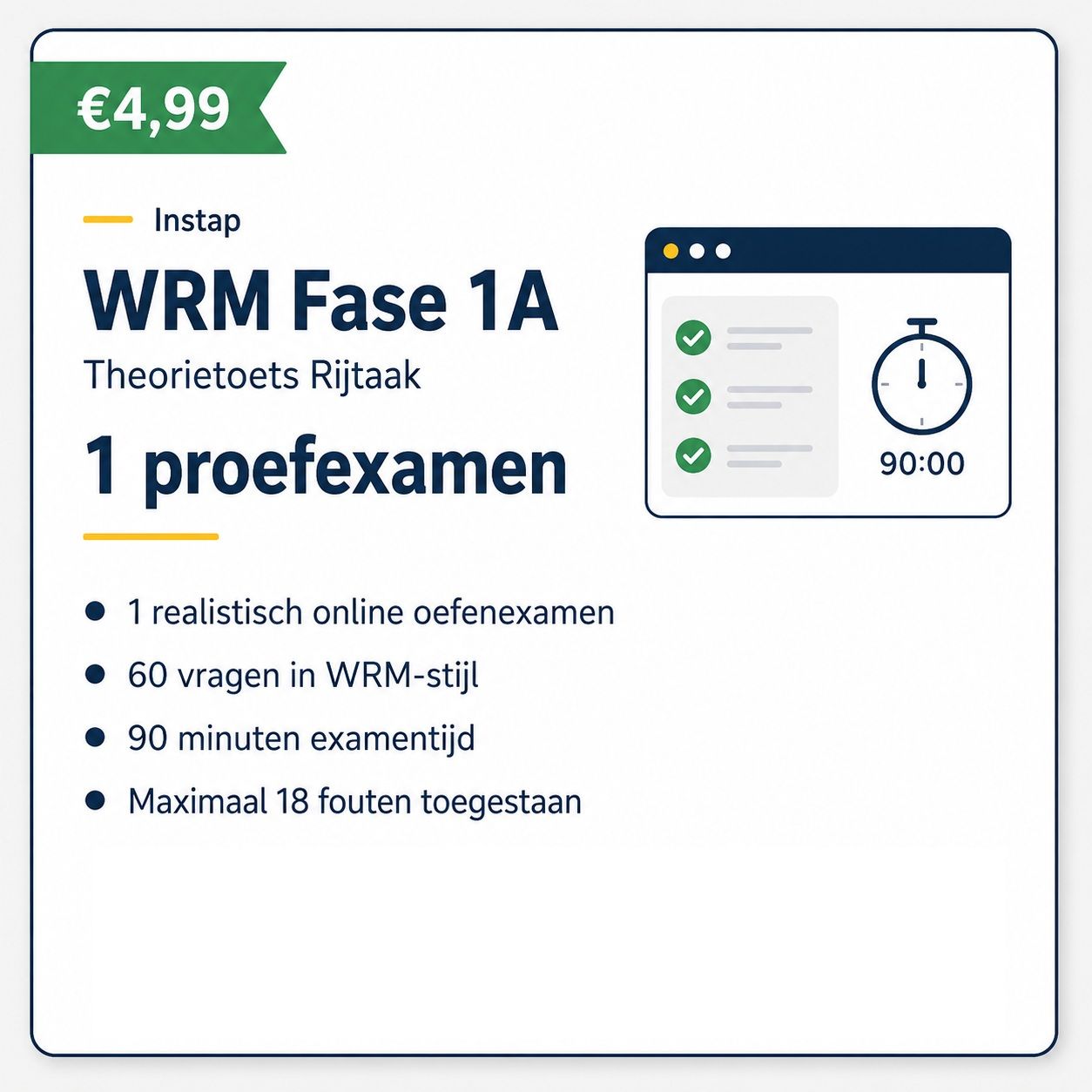 WRM Fase 1A proefexamen advertentie, wit met blauwe accenten en €4,99 prijslabel