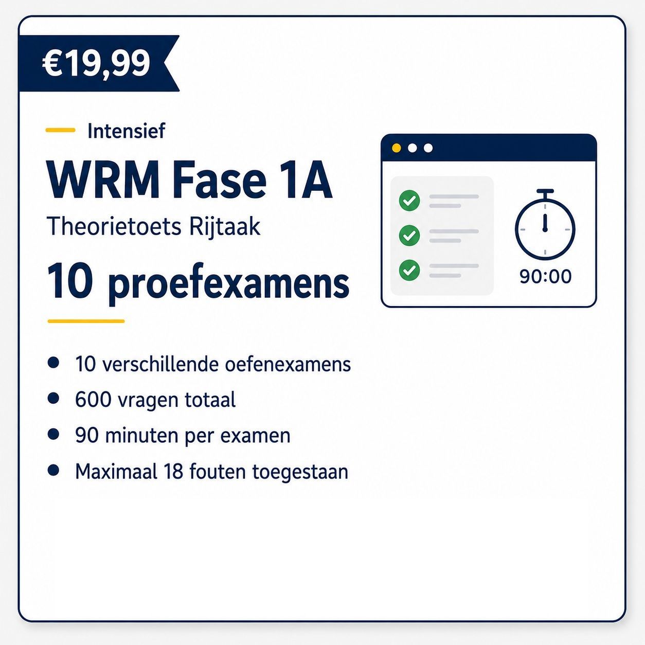 WRM Fase 1A theorieboek Rijbewijs, 10 proefexamens, €19,99, met 600 vragen en 90 minuten per examen