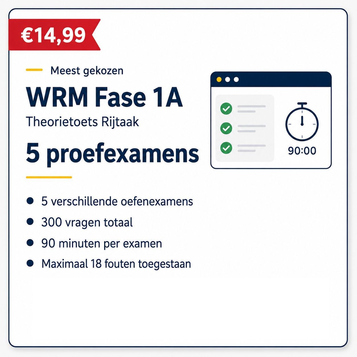 WRM Fase 1A theorie- enrijtaak, 5 proefexamens, €14,99, met 300 vragen en 90 minuten per examen