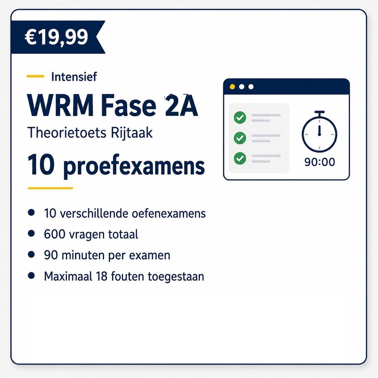 WRM Fase 2A theorietoets Rijtaak, 10 proefexamens, €19,99, with checklist and 90:00 timer icon