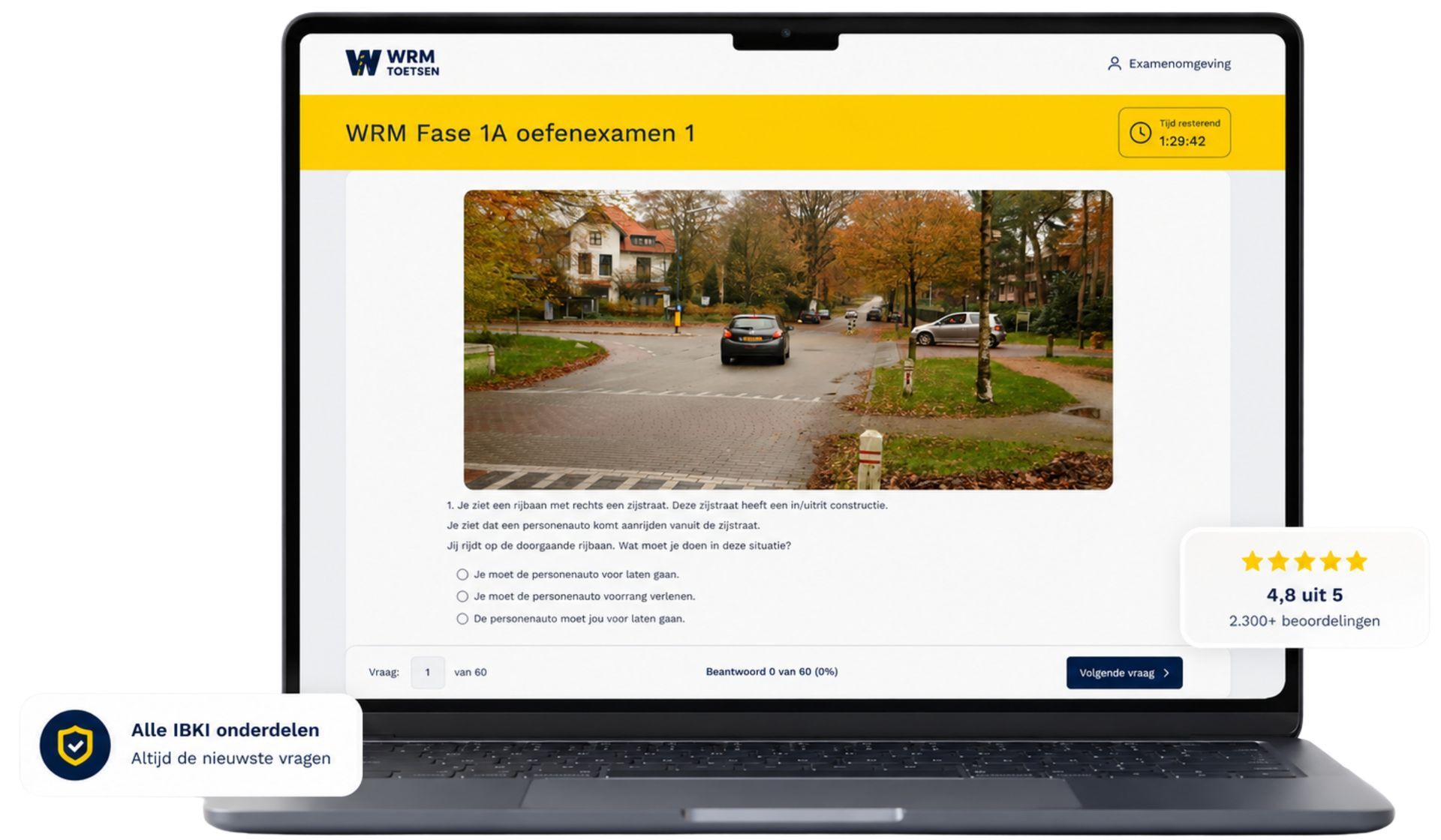 WRM Fase oefenexamen met verkeerssituatie in een herkenbare examenomgeving op laptop