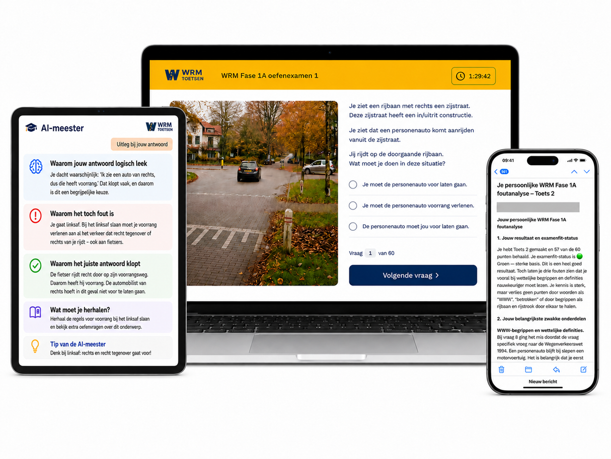 WRM Fase Compleet met oefentoets, foutanalyse en AI-meester op laptop, tablet en smartphone