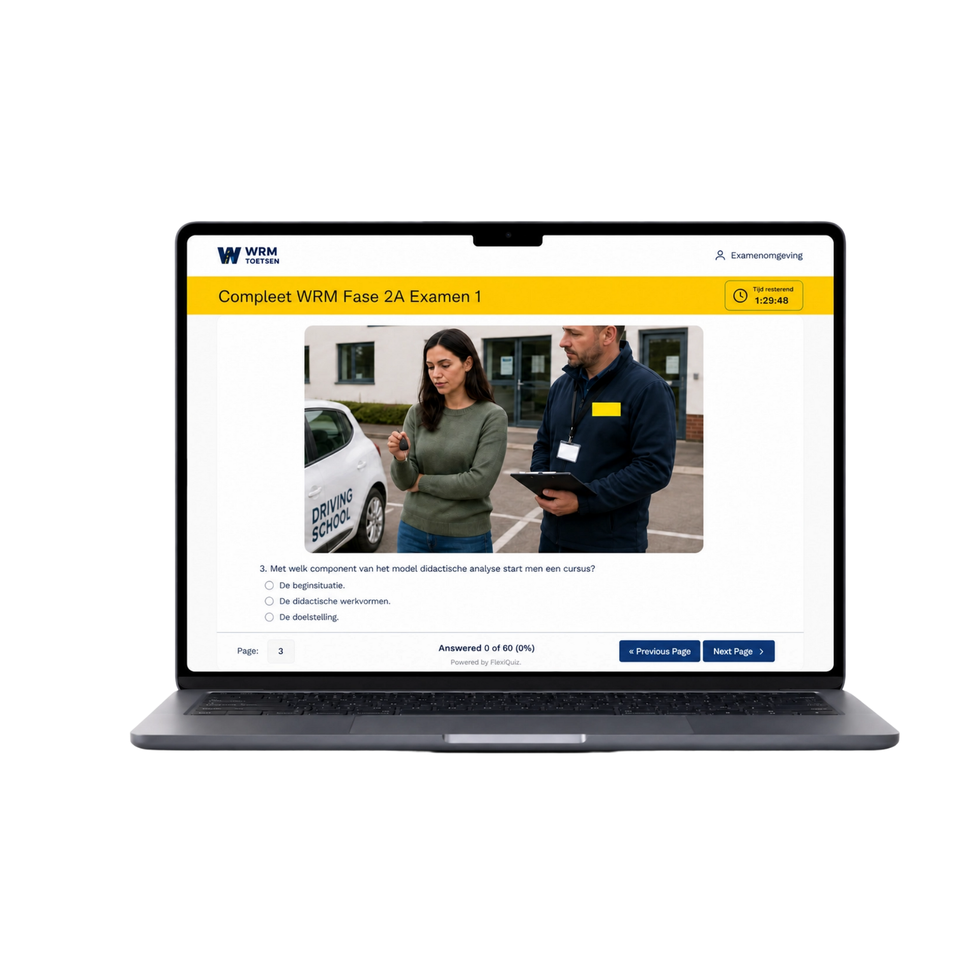 Online WRM Fase 2A-oefenexamen met verkeerssituatie op laptop