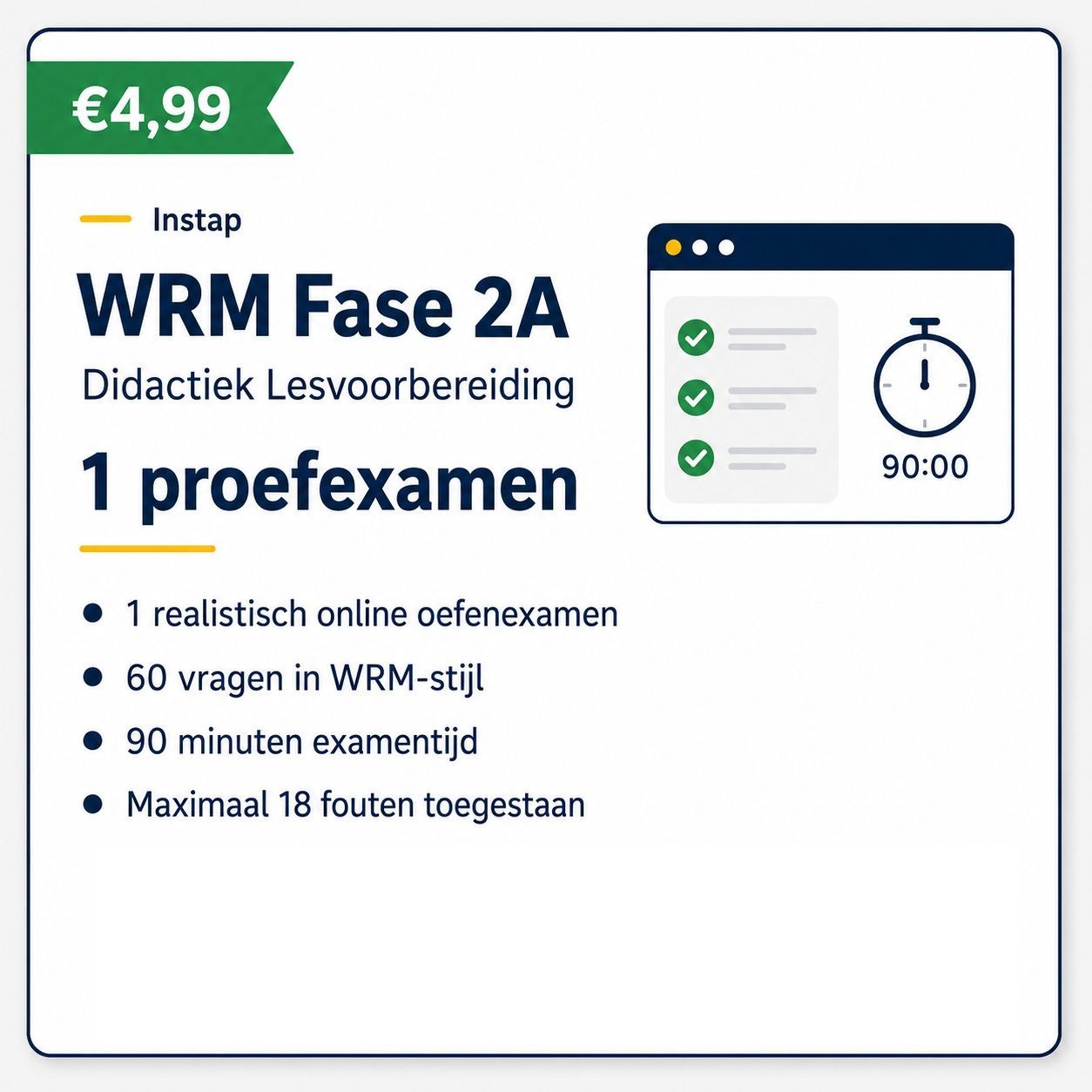 WRM Fase 2A didactisch lesvoorbereiding, 1 proefexamen, €4,99, met checklist- en timericoon