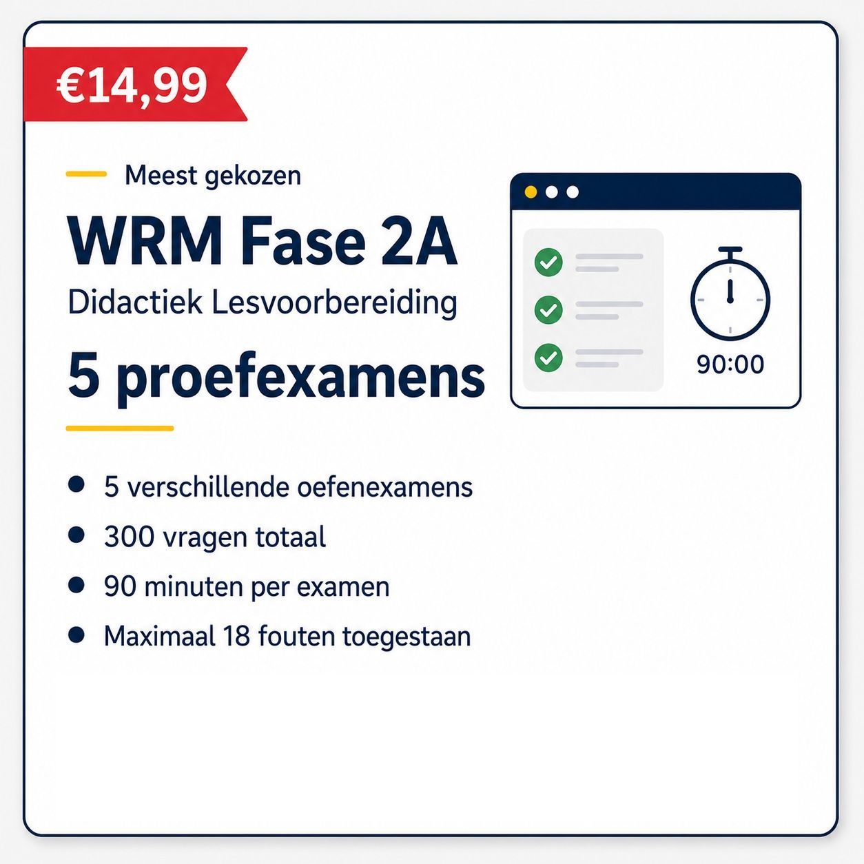 WRM Fase 2A didactische lesvoorbereiding, 5 proefexamens, €14,99, met 90-minuten timer