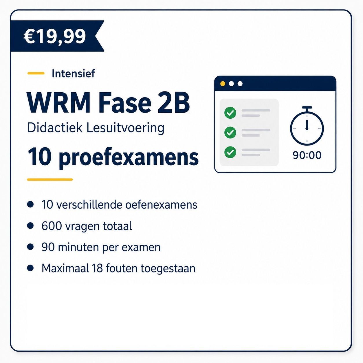 WRM Fase 2B didactiek leestouriging poster met €19,99, 10 proefexamens en oefenpunten op witte achtergrond