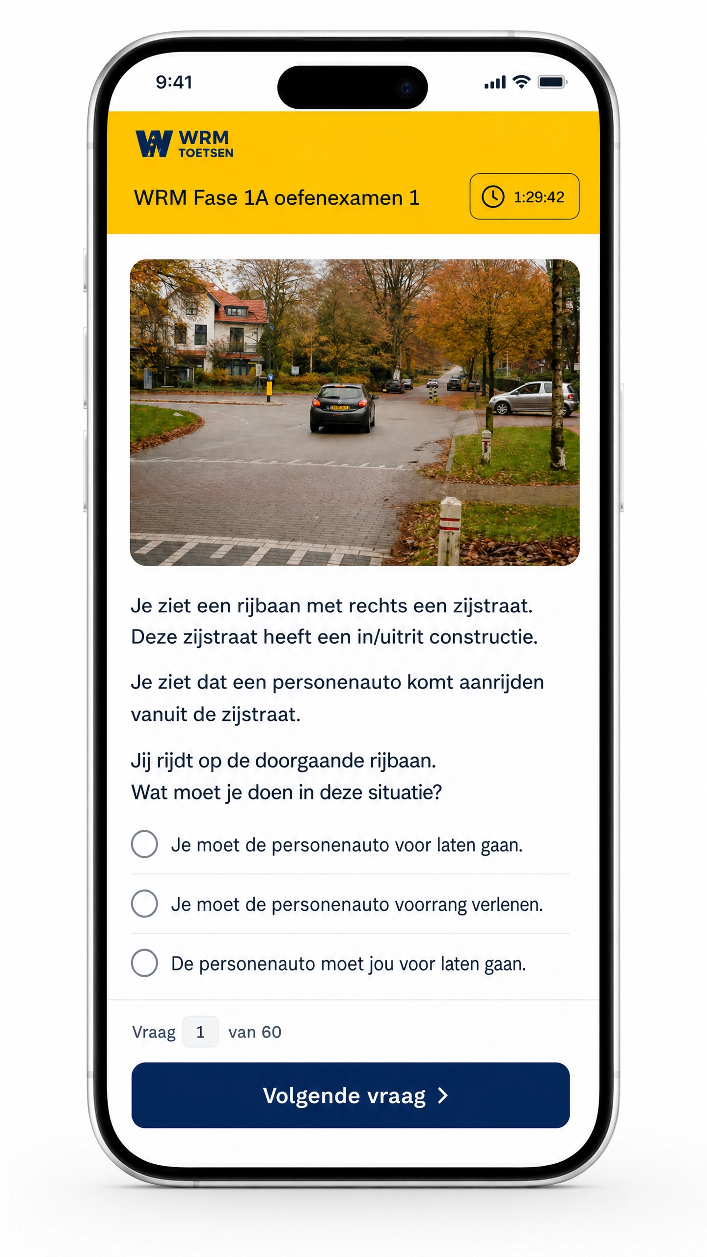 Smartphonescherm met een quiz over het openbaar vervoer, inclusief een foto van een park en meerkeuzevragen.