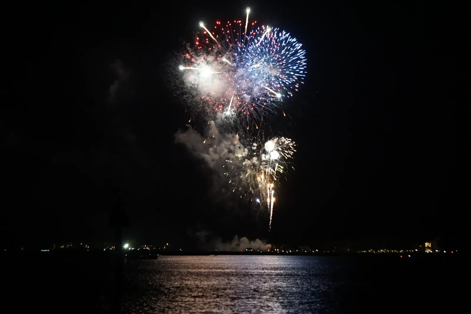 A fireworks display over a body of water