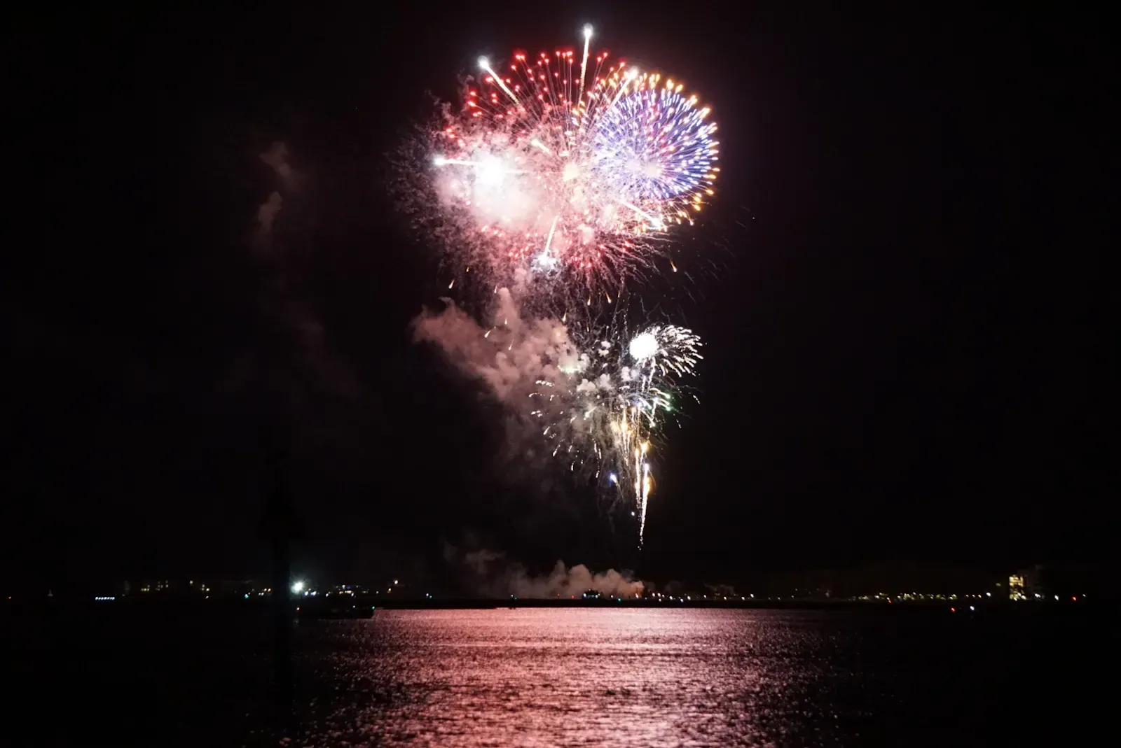 A fireworks display over a body of water