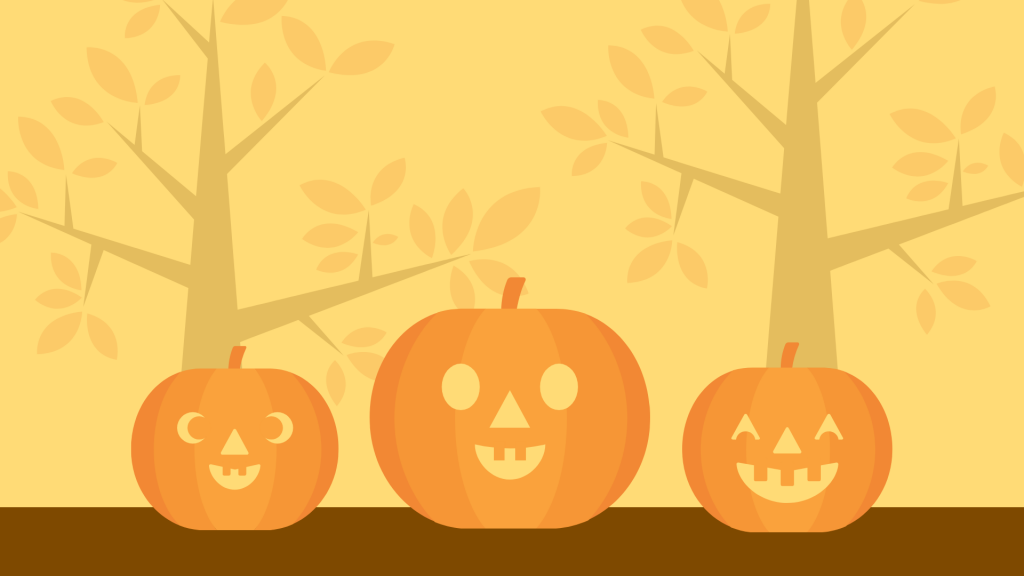 Three pumpkins with faces carved into them are standing next to each other on a table.