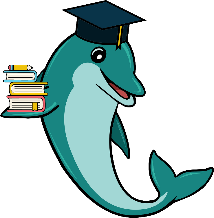 A dolphin wearing a graduation cap is holding a stack of books