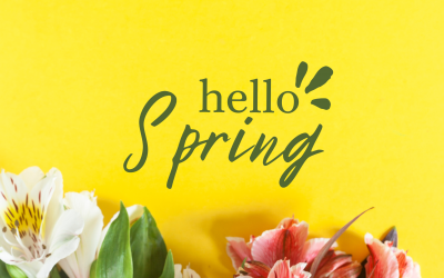 A yellow background with flowers and the words `` hello spring '' written on it.